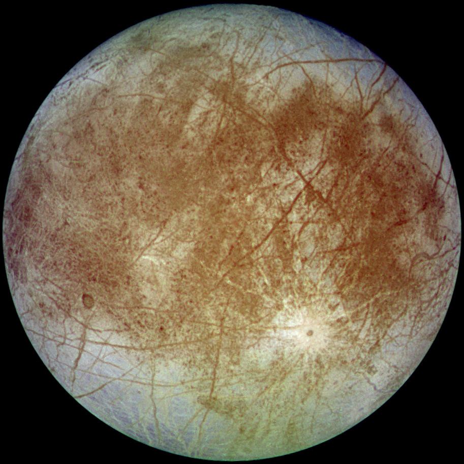 Mission Teams Hunt for Plumes Venting From Europa’s Ocean Europa's fractured icy surface seen against the blackness of space